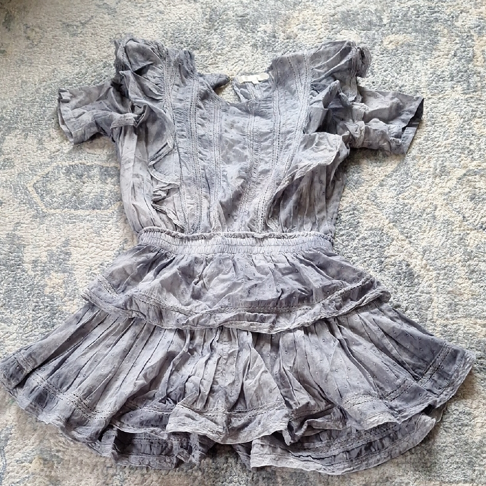 LoveShackFancy Natasha Light Gray/Blue Mini Dress Size S